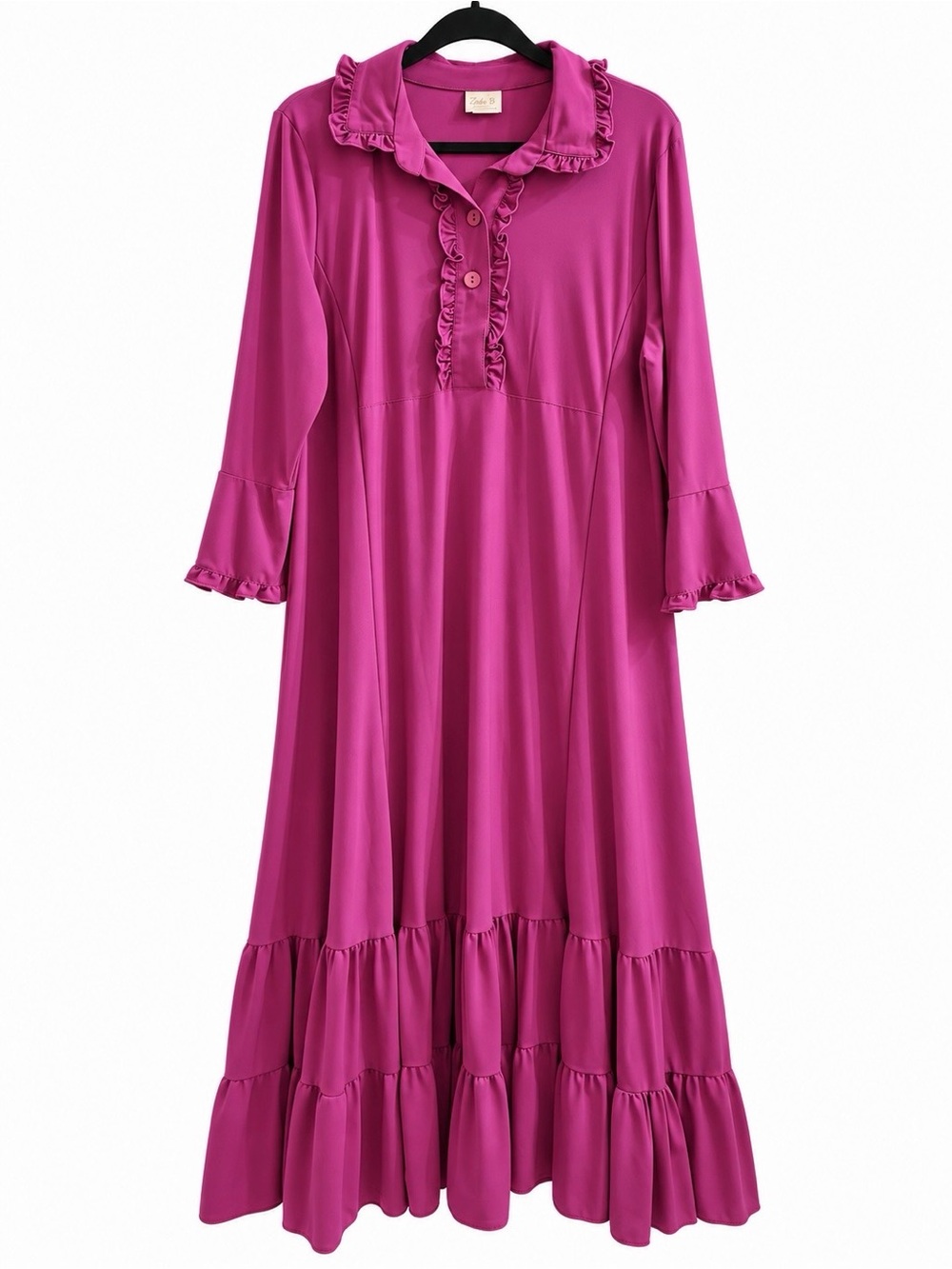 Zadie B Magenta Ruffle Maxi Dress 2X Button Front Long Sleeve Tiered Back